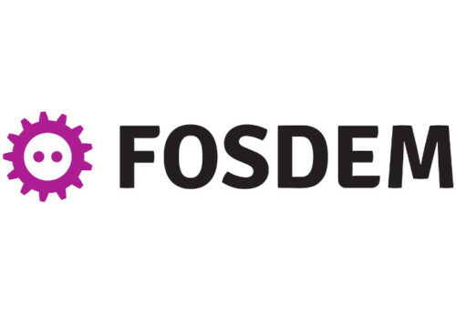 The Fosdem logo is centered in black and purple on a white background.