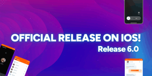 The background of the image is purple, with phones appearing all around the central title: 'Official release on iOS! Version 6.0'.